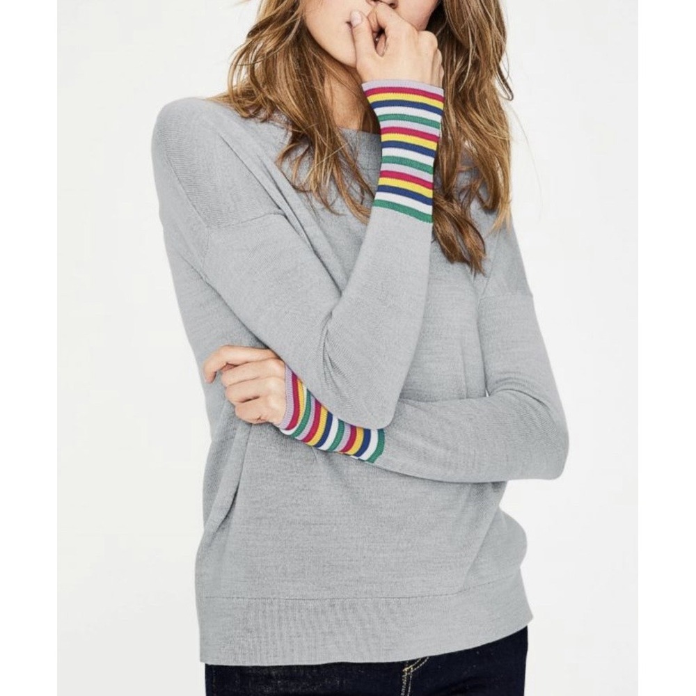 Boden Wool Cassandra Rainbow Stripe Sweater Grey Crew Neck Pullover Preppy